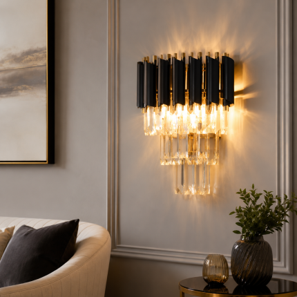 Aplică perete cristal Majestic negru auriu 2xE27 montată în living elegant