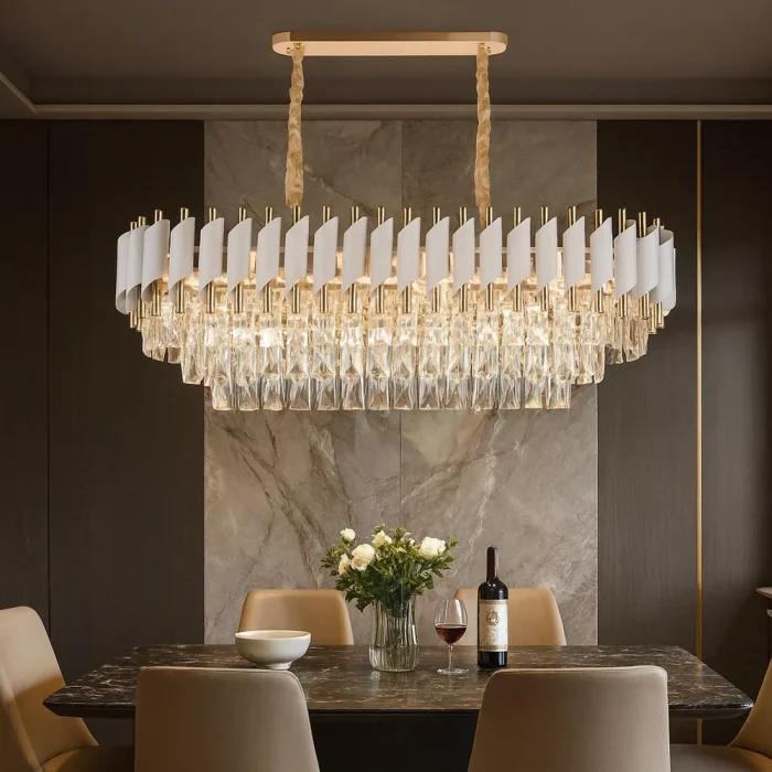 Candelabru Liniar Cristal Majestic Auriu cu Alb Oval, Dimensiuni 80x30 cm, 8xE27 - imagine 3