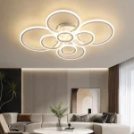Lustră LED albă cu 8 cercuri, telecomandă, iluminare modernă cu inele luminoase pentru living