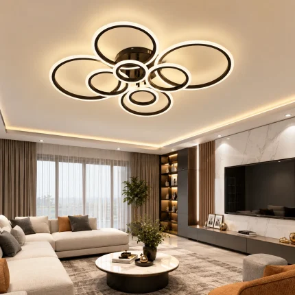Lustră LED modernă cu 8 cercuri negre, telecomandă, iluminare pe exteriorul inelelor și intensitate reglabilă pentru living