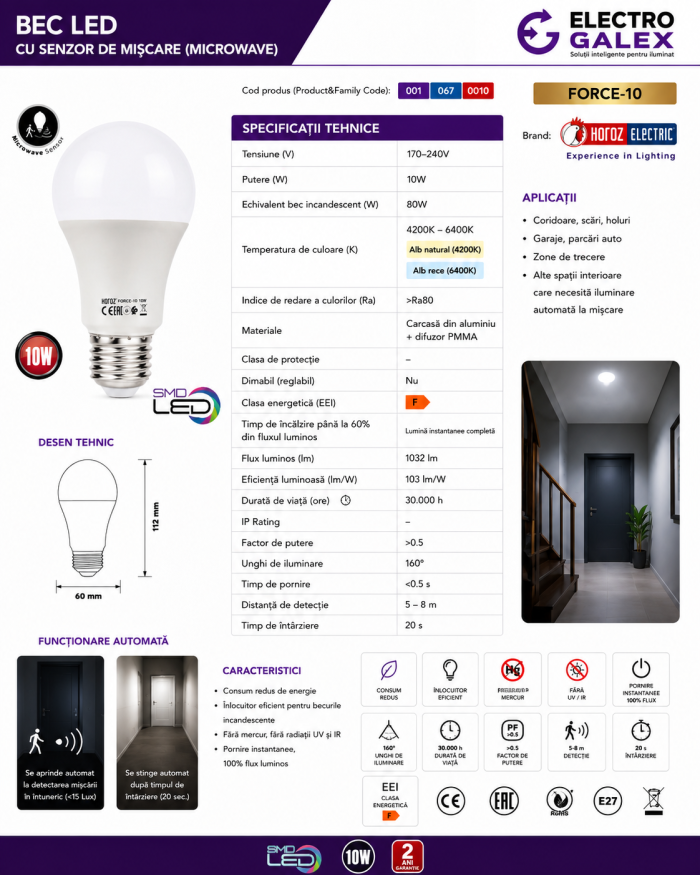 Fișă tehnică ilustrată bec LED cu senzor de mișcare (microunde) Horoz Electric FORCE-10 10W E27