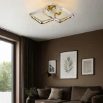 Lustra led cu telecomanda 36w 2 module patrate intrepatrunse finisaj auriu lucios oglinda premium mirror gold dispersor acrilic texturat cu efect de cristale electrogalex