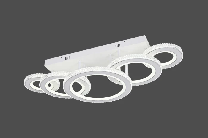 Lustră LED 178W Liniară, 5 Inele Întrepătrunse, Telecomandă, Lungime 80cm, Lumină Reglabilă, Alb cu Accente Crom Oglindă și Efect de Diamant - imagine 2