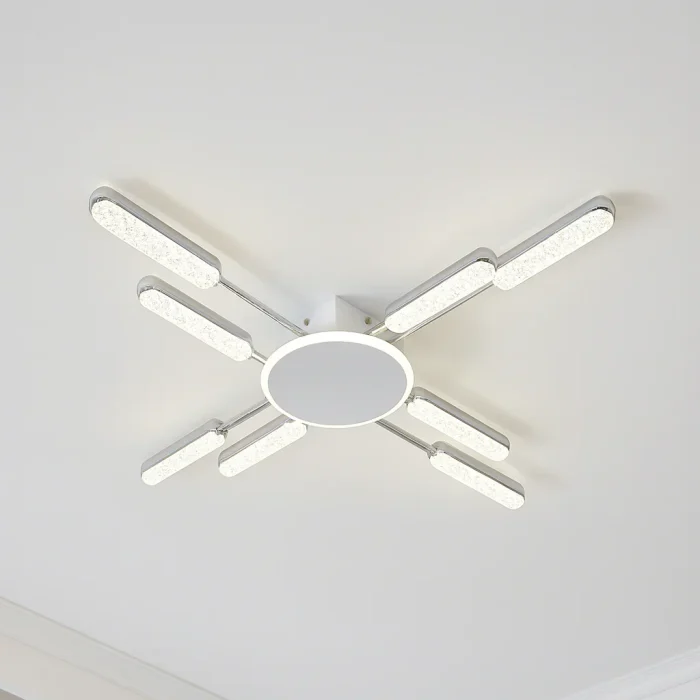 Lustră LED 132W, Design Radial cu 8 Brațe, Telecomandă, Diametru 84cm, Lumină Reglabilă, Alb Mat cu Accente Crom Oglindă - imagine 2
