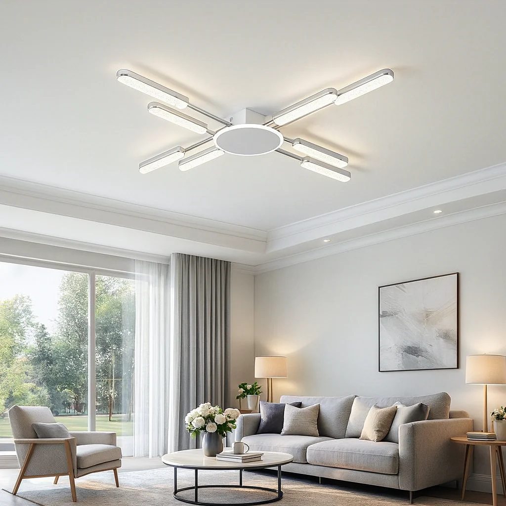Lustra LED Living Mare 8 Brate Alb Crom 132W Lustra led living mare 132w design radial modern cu 8 brate finisaj alb mat si accente crom oglinda lucios telecomanda profil ultra slim electrogalex