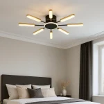 Lustra led living modern 130w design radial, stelar cu 8 brate alternante finisaj negru mat si accente aurii telecomanda electrogalex