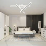 Lustra led living mare 108w design abstract tridimensional cu 3 brate liniare intrepatrunse asimetric finisaj alb mat si accente crom rafinate telecomanda electrogalex