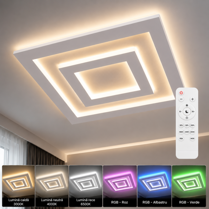 Lustră LED RGB Pătrată cu Telecomandă, 96W, Dimabilă, Alb Mat, 40 cm - imagine 3