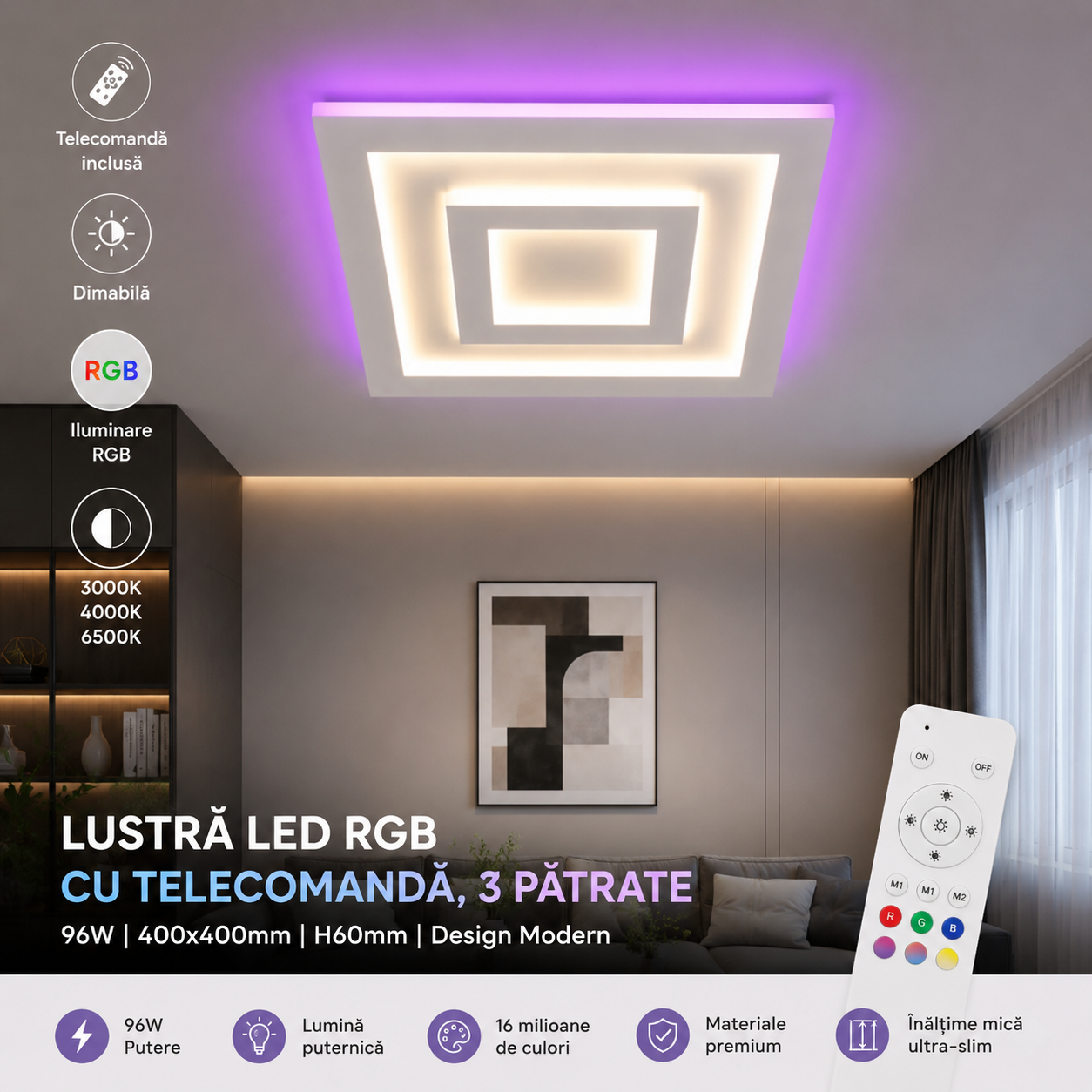 Lustră LED RGB Pătrată cu Telecomandă, 96W, Dimabilă, Alb Mat, 40 cm Lustră LED RGB pătrată cu telecomandă, 96W, dimabilă, iluminare RGB laterală, design cu 3 pătrate, profil slim 40 cm