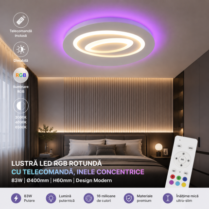 Lustră LED RGB rotundă cu telecomandă, inele concentrice, 83W, dimabilă, iluminare RGB laterală, profil slim