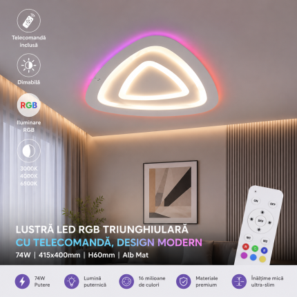 Lustră LED RGB triunghiulară cu telecomandă, 74W, dimabilă, iluminare RGB laterală, profil slim