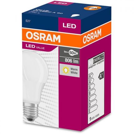 Bec LED Osram gama Value Classic A soclu E27 putere 8.5W flux luminos 806 lumeni echivalent bec 60W lumina calda 2700K forma mata traditionala tensiune 220-240V