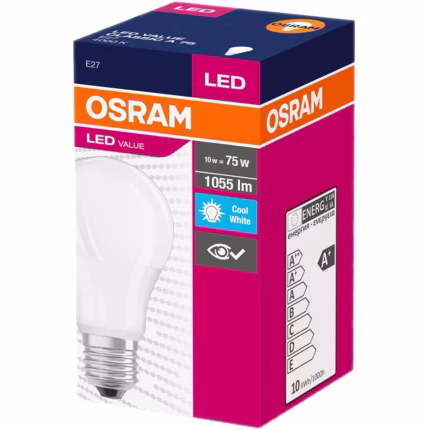 Bec LED Osram gama Value Classic A60 soclu E27 putere 8.5W flux luminos 806 lumeni echivalent bec 60W lumina neutra 4000K forma mata traditionala tensiune 220-240V