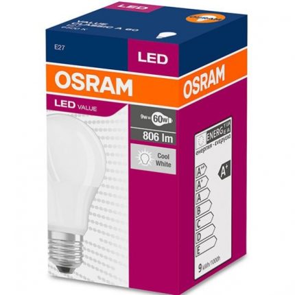 Bec LED Osram gama Value Classic A60 soclu E27 putere 8.5W flux luminos 806 lumeni echivalent bec 60W lumina rece 6500K forma mata traditionala tensiune 220-240V