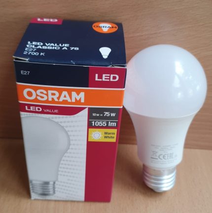 Bec LED Osram gama Value Classic A75 soclu E27 putere 10W flux luminos 1055 lumeni echivalent bec 75W lumina calda 2700K forma mata balon mare tensiune 220-240V