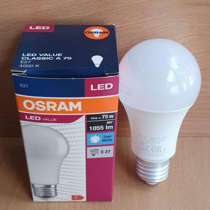 Bec LED Osram gama Value Classic A75 soclu E27 putere 10W flux luminos 1055 lumeni echivalent bec 75W lumina neutra 4000K forma mata balon mare tensiune 220-240V