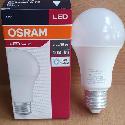 Bec LED Osram gama Value Classic A75 soclu E27 putere 10W flux luminos 1055 lumeni echivalent bec 75W lumina rece 6500K forma mata balon mare tensiune 220-240V
