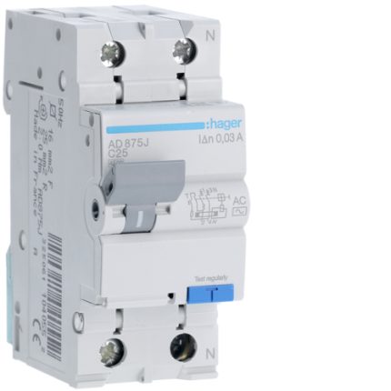 Disjunctor diferential Hager tip RCBO modular 1P+N curent nominal 25A curent rezidual 30mA curba C capacitate de rupere 4.5kA tip AC tensiune 240V cod hager
