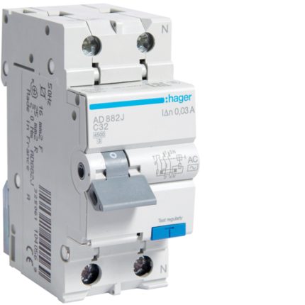 Disjunctor diferential RCBO Hager 1P+N curent nominal 32A sensibilitate 30mA curba C capacitate de rupere 4.5kA tip AC conexiune terminal aliniat cod hager