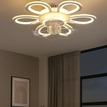 Lustra LED rotunda cu ventilator si design modern in forma de floare cu petale iluminate si elice transparenta pornita in living