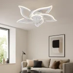 Lustra LED cu ventilator de tavan si telecomanda forma elice abstracta cu cinci brate iluminate alb