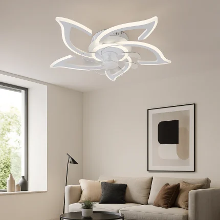 Lustra LED cu ventilator de tavan si telecomanda forma elice abstracta cu cinci brate iluminate alb