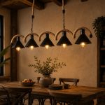 Lustră tip Pendul 5 Surse 5 surse din metal decorat franghie si abajururi metalice negre deasupra unei mese lungi