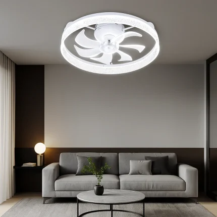 Plafoniera LED cu ventilator si telecomanda inel rotund alb cu efect de cristale diamant montat pe tavan
