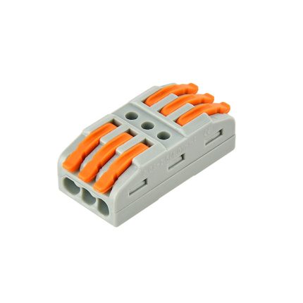 Conector rapid gri de tip clemă liniară cu clapetă pe trei poli pentru prelungirea a trei fire electrice paralele