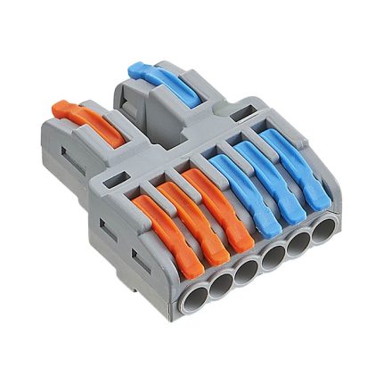 Conector electric gri de tip clemă rapidă de distribuție cu trei poli independenți și clapete colorate