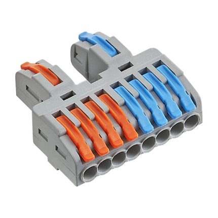 Conector electric gri de tip conector de distribuție cu clapete colorate pe patru poli independenți