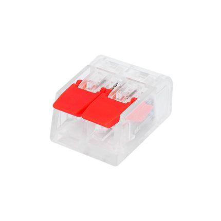 Conector rapid slim cu carcasă transparentă și două clapete roșii pentru două fire