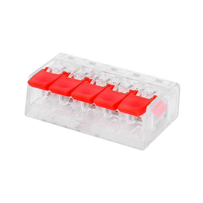 Conector Rapid Slim 5 Fire Conector rapid slim cu cinci clapete roșii și carcasă transparentă pentru legarea a cinci fire