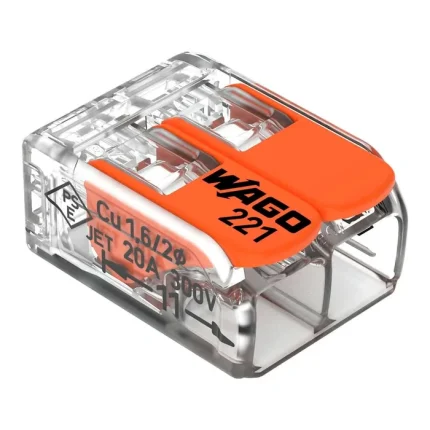 Conector rapid Wago 221-412 cu clapetă portocalie și carcasă transparentă pentru două fire