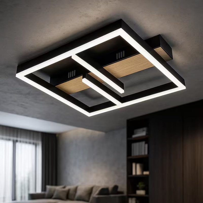 Lustră LED 80W cu telecomandă, dimabilă, negru și lemn, două pătrate luminoase pentru living modern