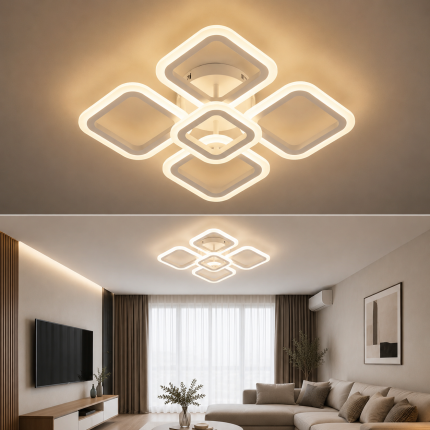 Lustră LED cu telecomandă 102W și 5 module geometrice cu lumină reglabilă