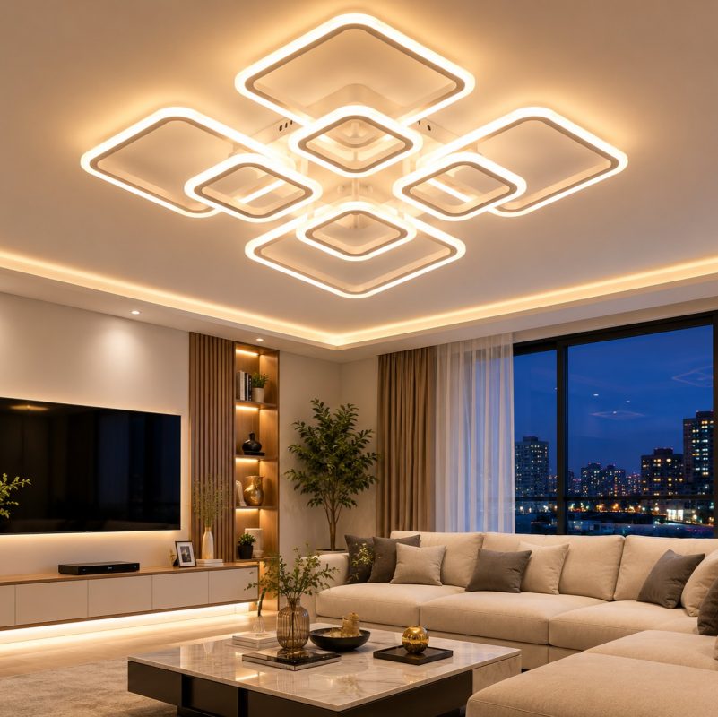 Lustră LED cu telecomandă 128W și 8 pătrate luminoase suprapuse design modern alb