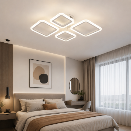 Lustră LED cu telecomandă 72W design geometric modern alb dimabilă 3000K-6500K