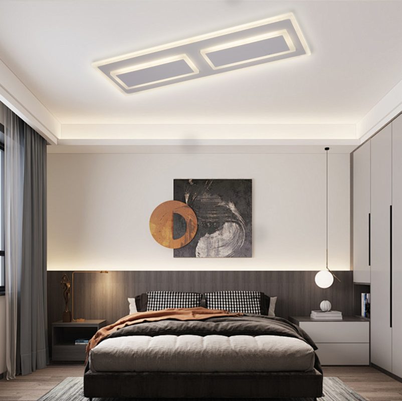 Lustră led liniară cu telecomandă formată din dreptunghiuri luminoase suprapuse