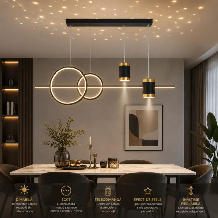 Lustră LED suspendată pentru dining cu cercuri, spoturi reglabile, telecomandă și finisaj negru-auriu