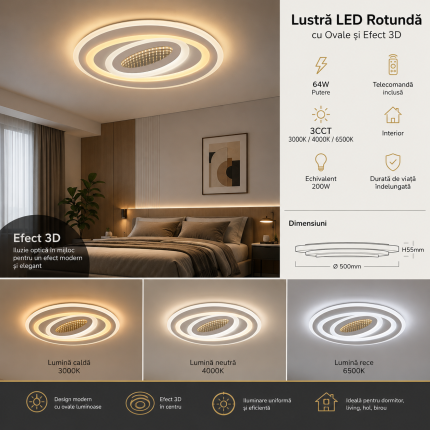 Plafonieră LED cercuri 64W cu telecomandă, dimabilă, efect 3D, diametru 50 cm, lumină caldă, neutră și rece