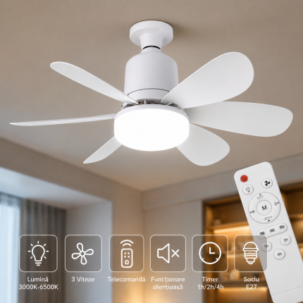 Ventilator LED E27 15W cu telecomandă lumină reglabilă 3000K-6500K și 3 viteze de ventilare