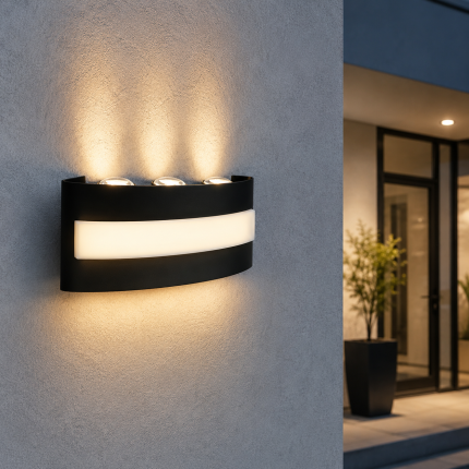 Aplică LED exterior Horoz NEUTRON 12W din aluminiu negru montată pe fațada unei locuințe moderne