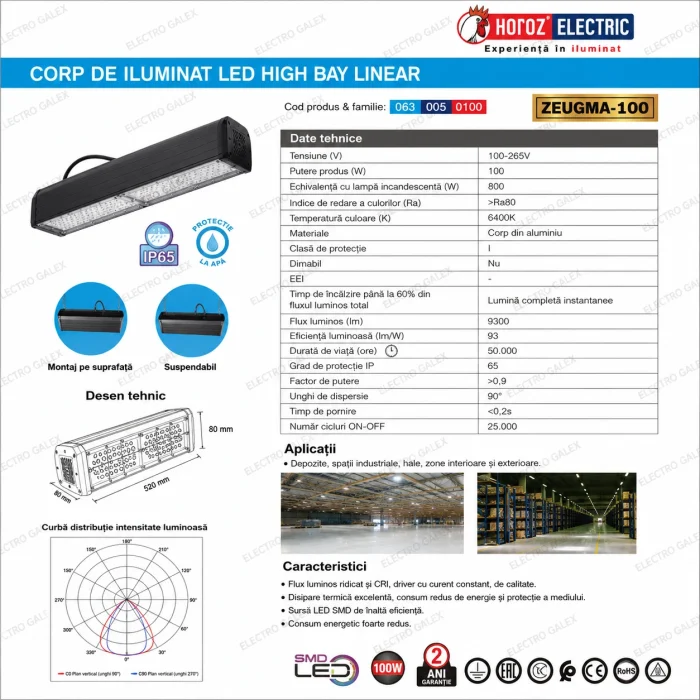 Fișă tehnică ilustrată Corp LED High Bay Liniar ZEUGMA-100 100W, IP65, 9300 lm, 6400K, dimensiuni 520 mm, Electro Galex