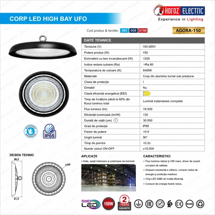 Fișă tehnică ilustrată Corp LED High Bay UFO AGORA-150 150W, IP65, 19500 lm, 6400K, desen tehnic și specificații în limba română – Electro Galex