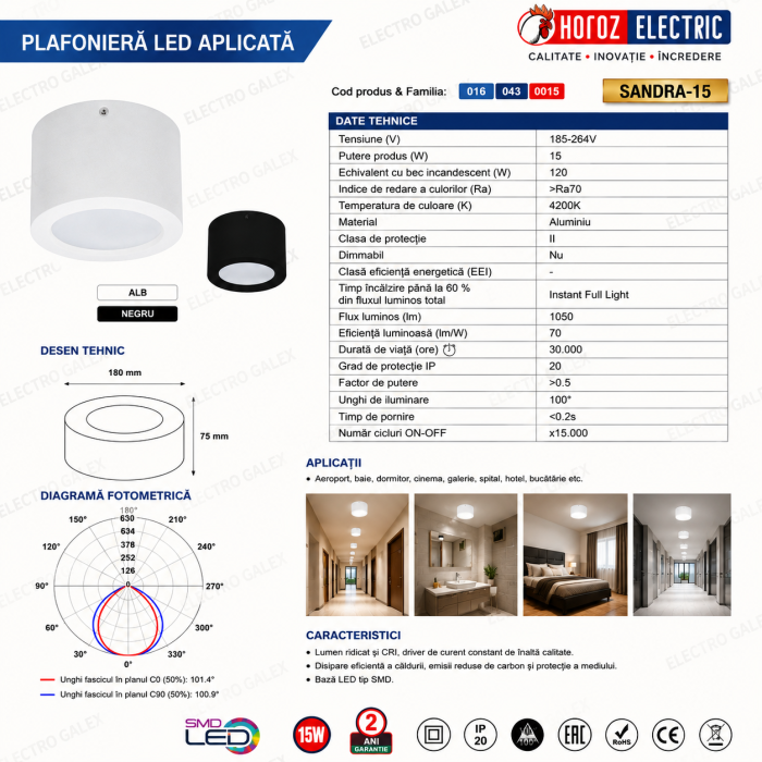 Fișă tehnică plafonieră LED aplicată Horoz SANDRA 15W, 1050 lm, 4200K, dimensiuni, diagramă fotometrică și specificații tehnice