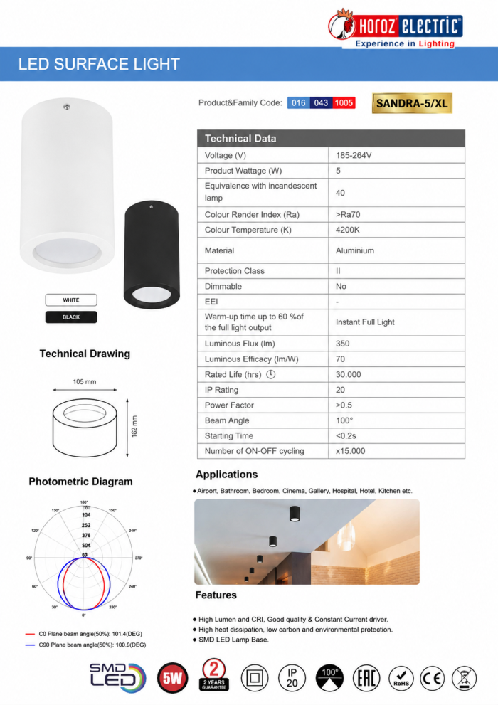 Fișă tehnică spot aplicat LED cilindru Horoz SANDRA-5/XL 5W, 350 lm, 4200K, dimensiuni, diagramă fotometrică și specificații tehnice