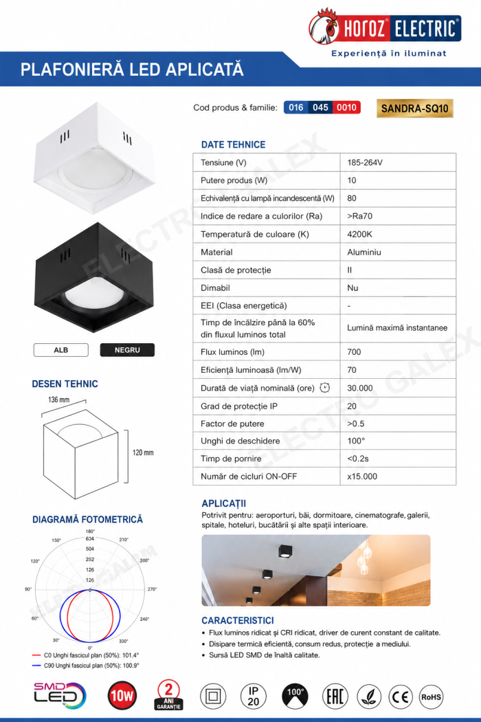Fișă tehnică spot aplicat LED pătrat Horoz SANDRA-SQ10 10W, 700 lm, 4200K, dimensiuni, diagramă fotometrică și specificații tehnice