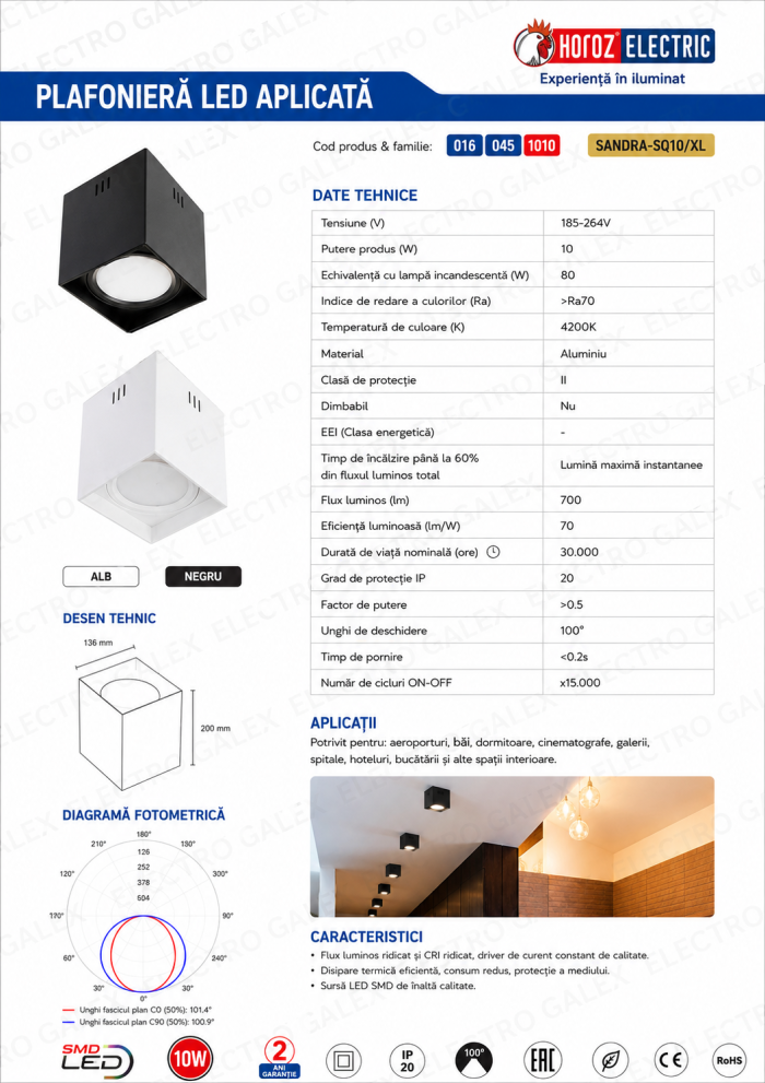 Fișă tehnică spot aplicat LED pătrat Horoz SANDRA-SQ10/XL 10W, 700 lm, 4200K, dimensiuni, diagramă fotometrică și specificații tehnice