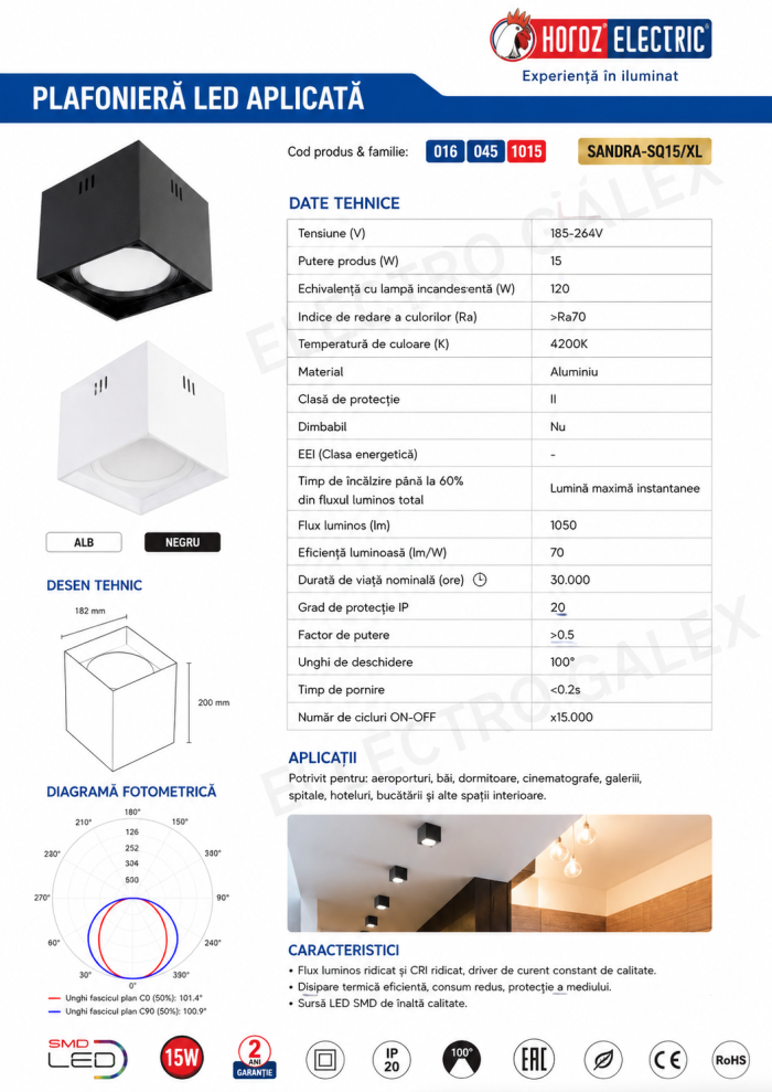 Spot Aplicat Cub LED 15W XL, 1050 lm, Alb Natural 4200K, Negru, Sandra SQ-15 XL - imagine 2